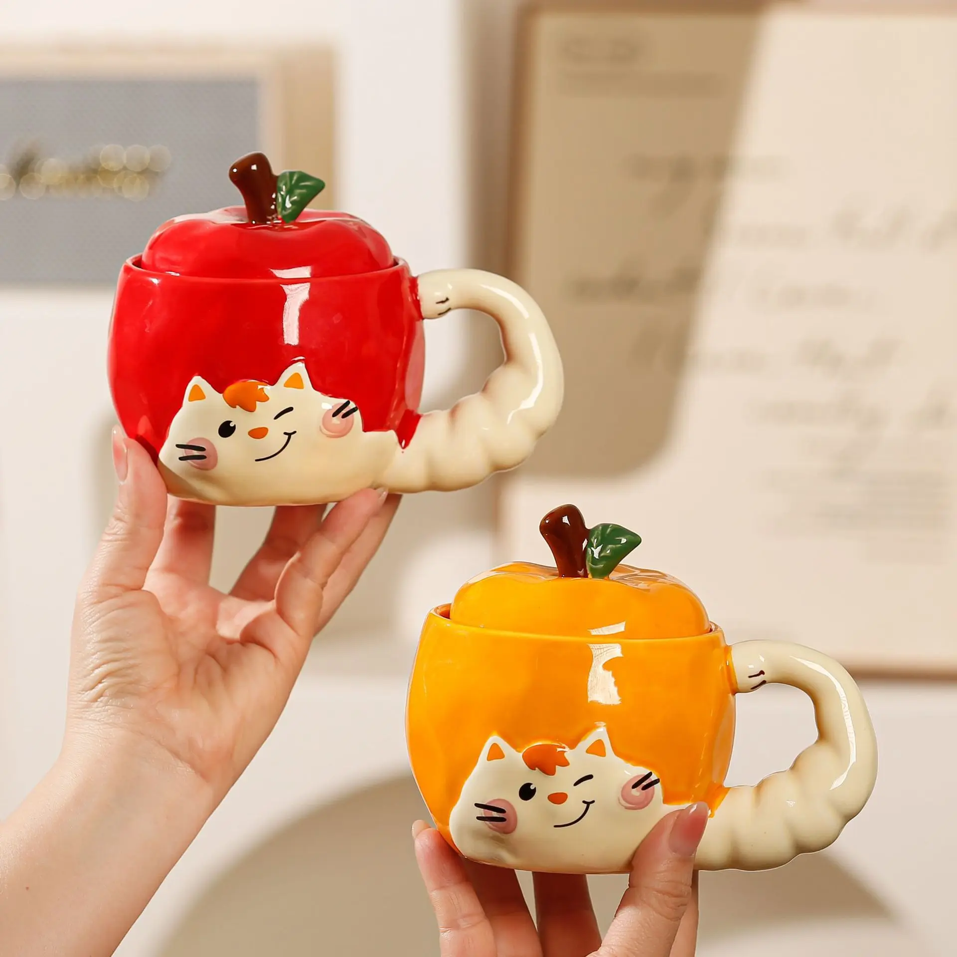 Cute Apple Cartoon Animal Ceramic Mug, Creative Relief Cat Coffee Mugs, High Beauty Kawaii Cup, Christmas Birthday Gift Tea Cup