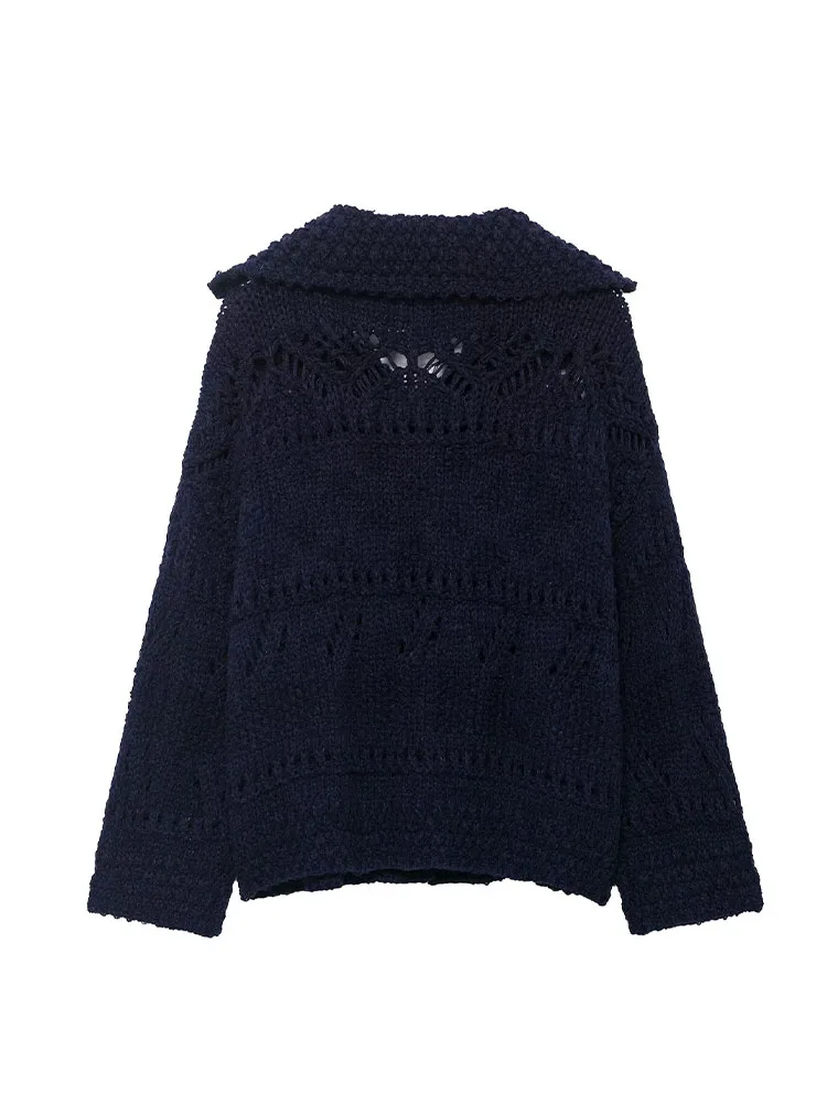 

HH Sweater Female Casual Cardigan Solid Turn-Down Collar Long Sleeves Hollow Out Single Breasted Women's Autumn Knitted Tops