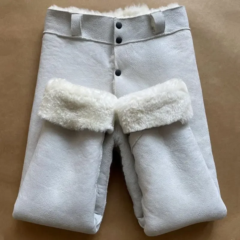 Whole Genuine Sheepskin Warm High Waist Leather Pants Men Women Pure Wool Cotton Trousers Fur Underwear Pant New Winter Clothing