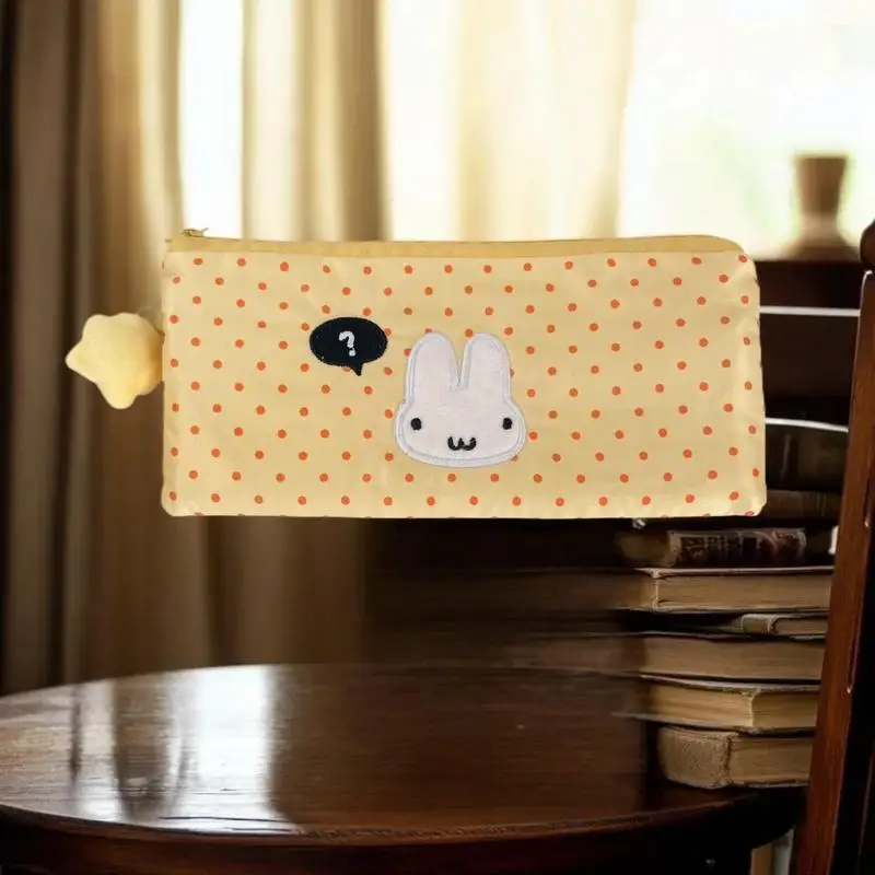 Pack Multi-purpose Milk Yellow Polka Dot Rabbit Pencil Case with Mesh Pockets and Large Capacity