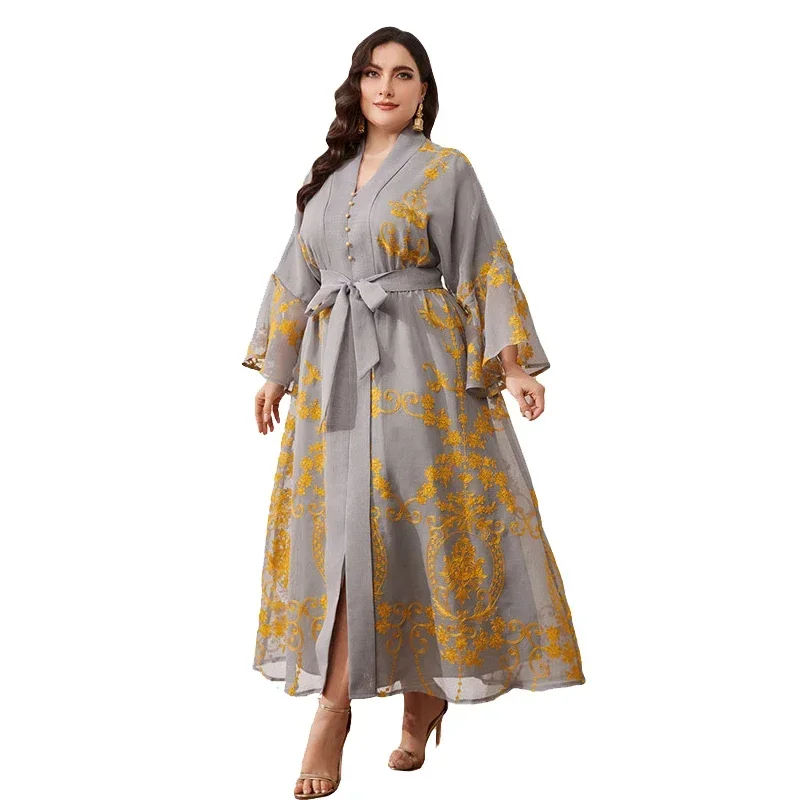 

Plus Size Dubai Arabic Embroidery Maxi Dress V-Neck Abaya Long Sleeve Muslim Kaftan Islam Clothing Turkey Loose Gowns Vestidos