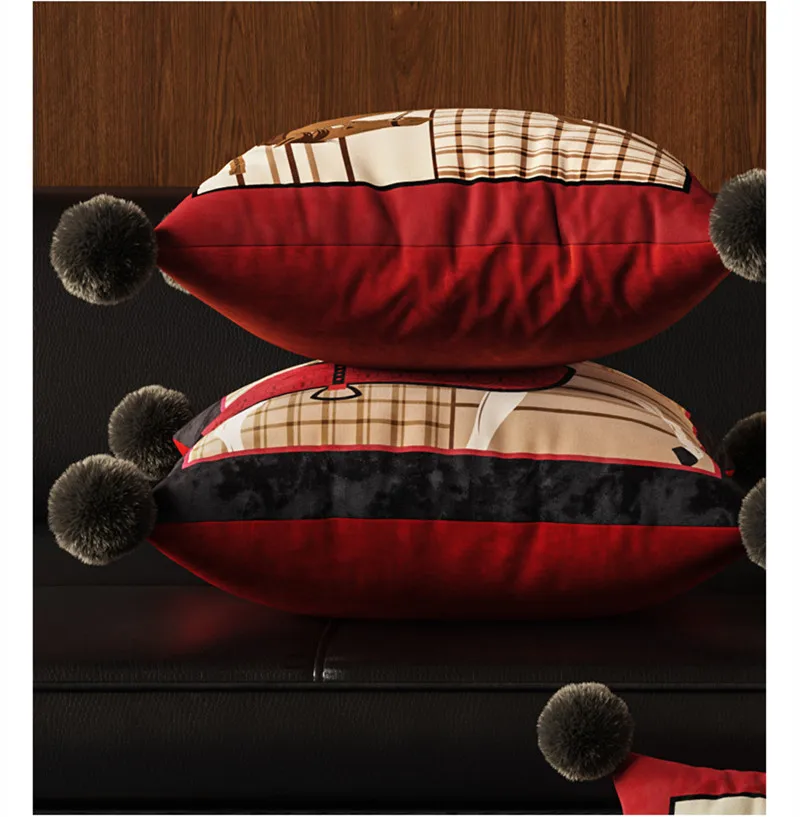 Red Velvet Cushion Cover Horse Print Pillowcase Shell New Year Christmas Gift For Sofa Home Bed Couch Light Luxury Decorative