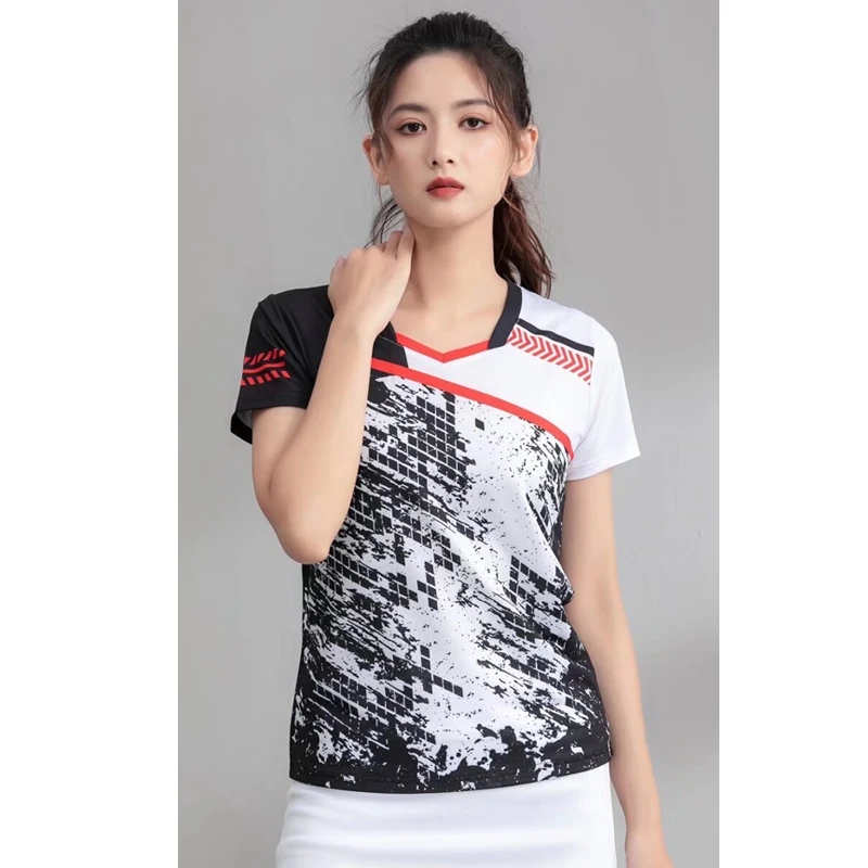 Table Tennis Badminton T-shirts for Women Quick Dry Print Short Sleeve Sports Ping Pong League Tennis Uniform Tops