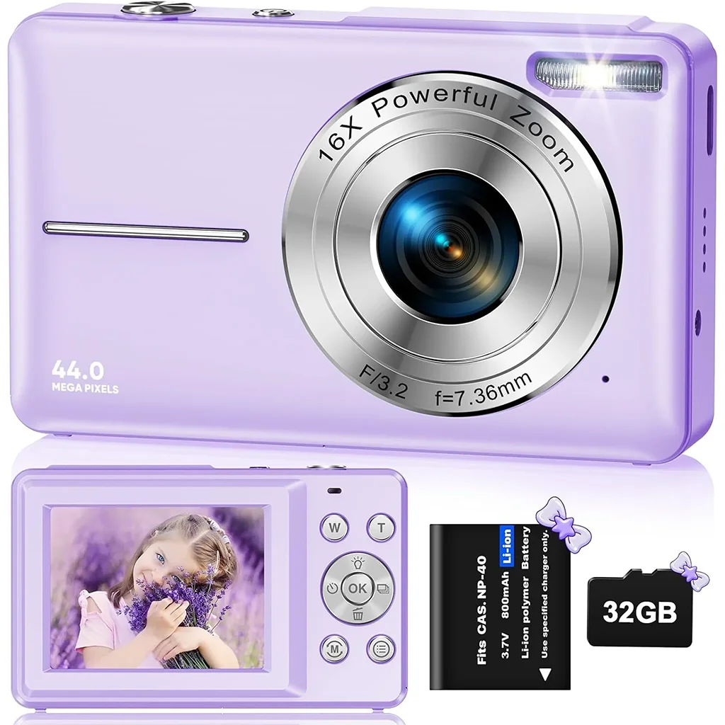 Fotocamera digitale 1080P con scheda da 32 GB fotocamera digitale compatta per bambini 44 MP 16x Zoom digitale schermo da 2.4 pollici viola