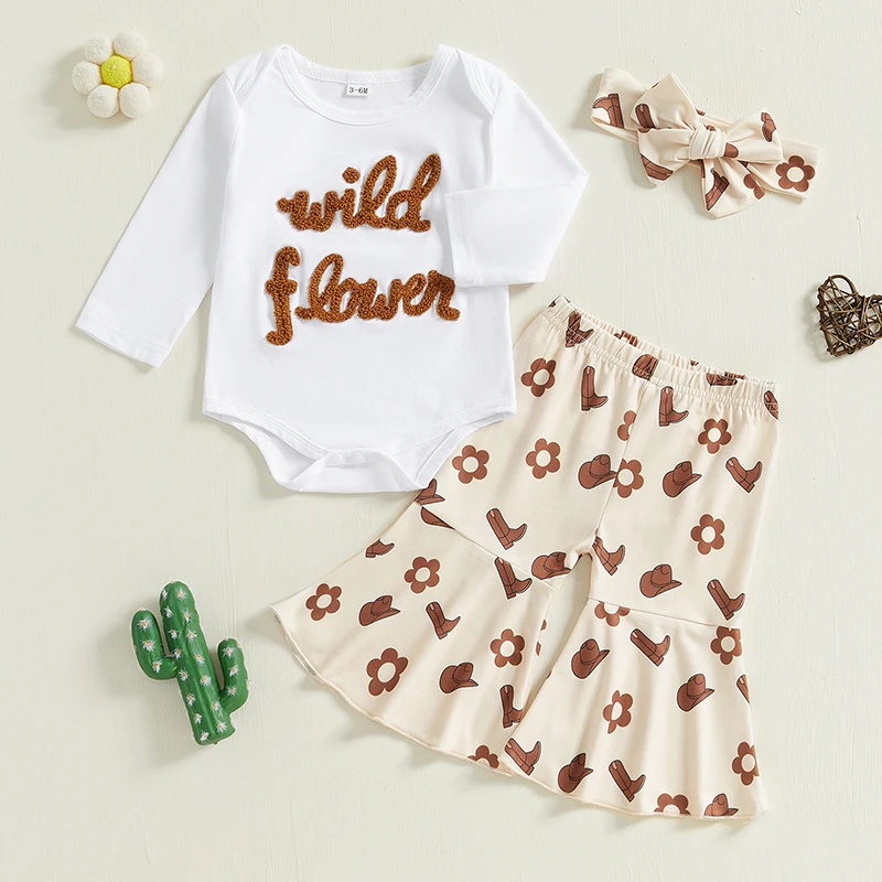 Western Baby Girl 3Pcs Clothes Long Sleeve Wild Flower Print Romper Bell Bottoms Flared Pants Fall Winter Outfits