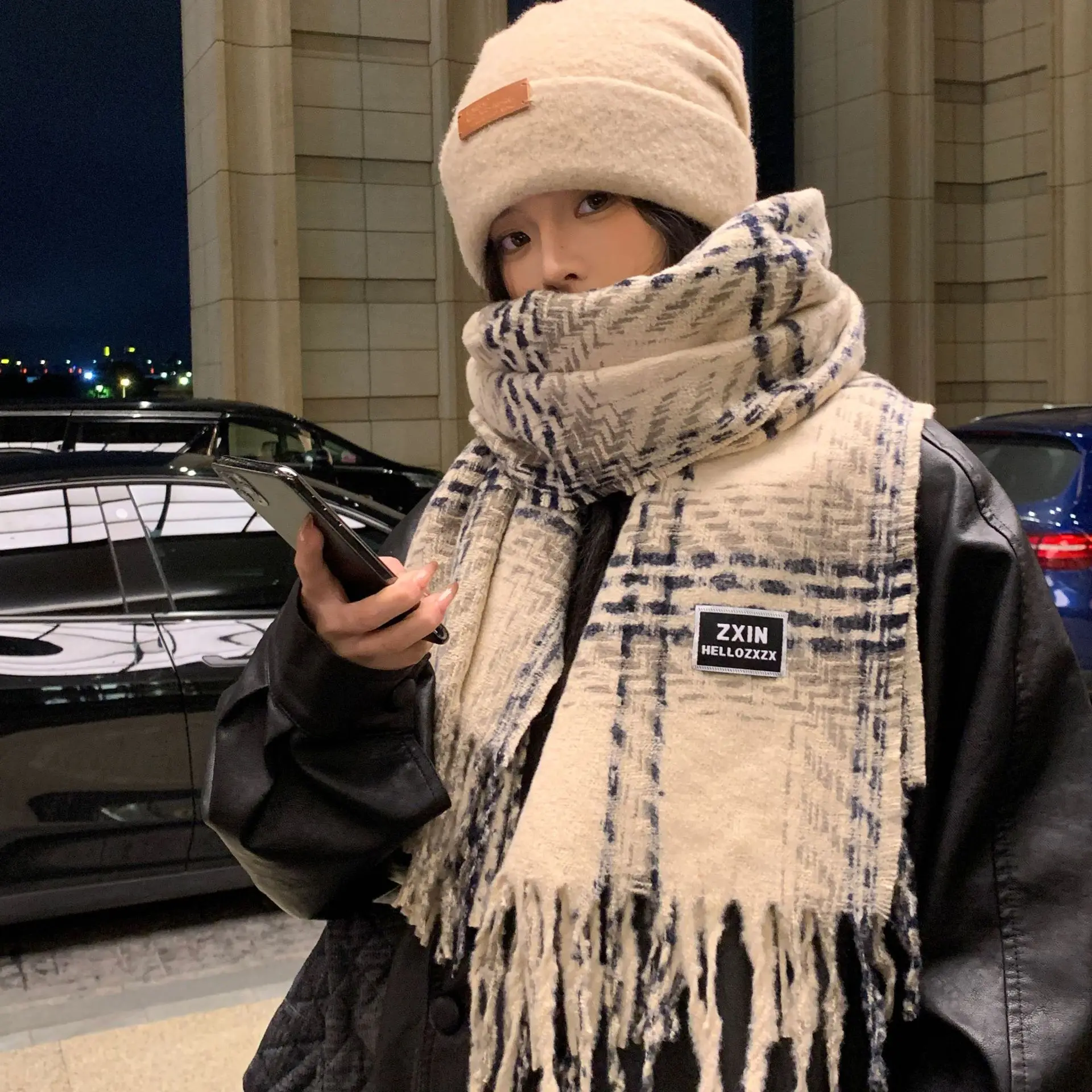 Korean version white pink plaid imitation cashmere scarf women's autumn and winter thickened warm and versatile couple shawl