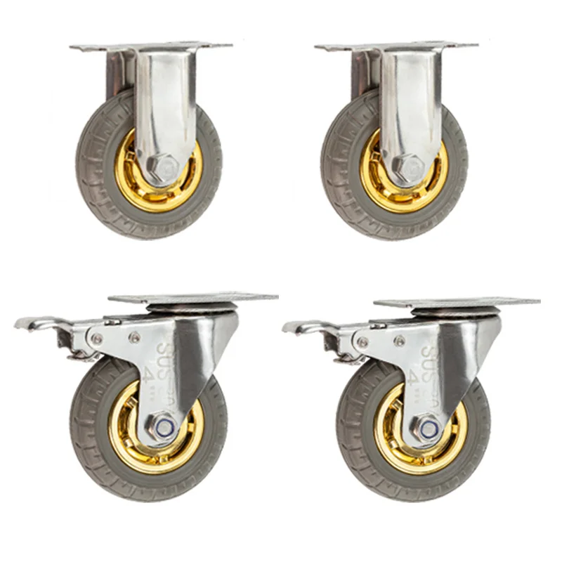 4pcs  4inch stainless steel sus  304  PP Core elastic rubber caster silent wheel  fixed with lock food fishing Industry casters