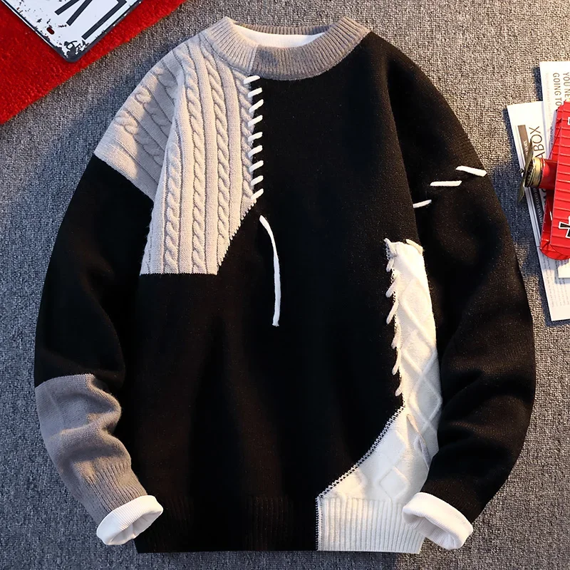 2024 Autumn Mens Y2k Wool Pullovers Korean Fashion Patchwork Sweater Men Round Neck Thicken Warm Knitted Sweater Men Streetwear