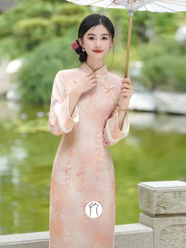 

Young Girl's Thiened Fce Lined Winter Dr Retro Sle Long Slant Collar Low Slit Daily Wear Floral Print