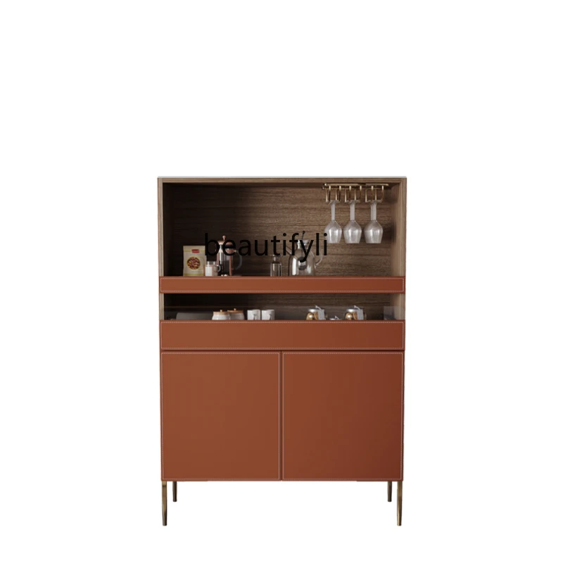 Italian-Style Saddle Leather Sideboard Cabinet Small Apartment Home Wall Wine Cabinet Home Locker Stone Plate Tea Cabinet