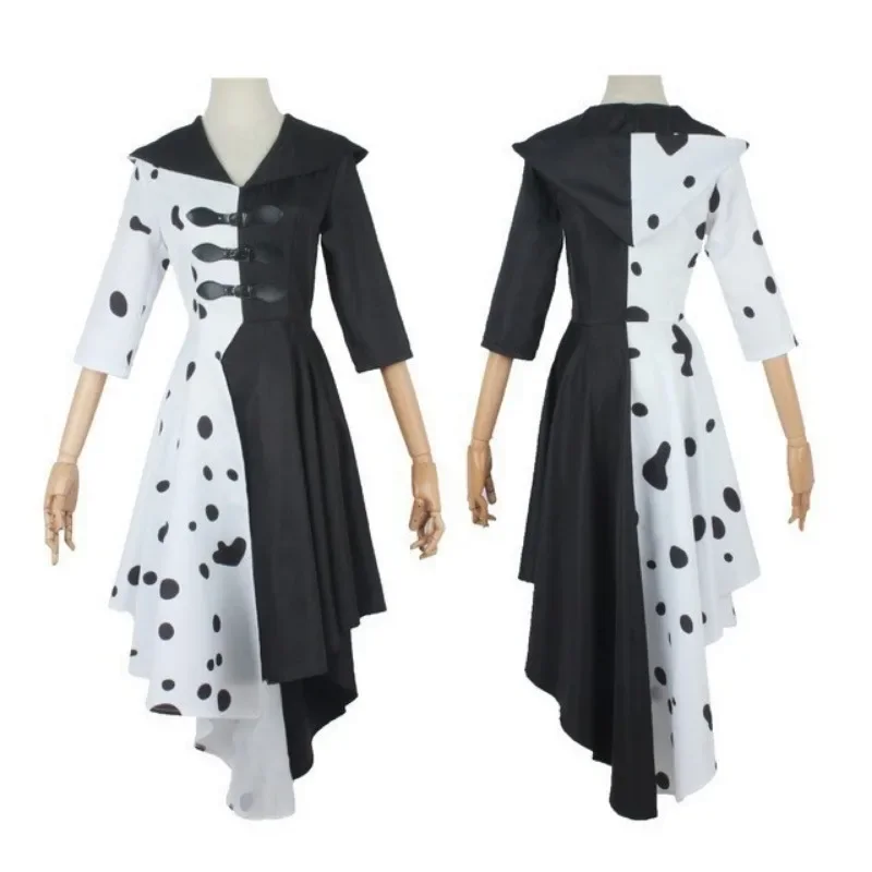 Disfraz De Cruella De Vil para mujer, traje De mucama, traje De Halloween, ropa De juego De rol, uniforme De fiesta, peluca