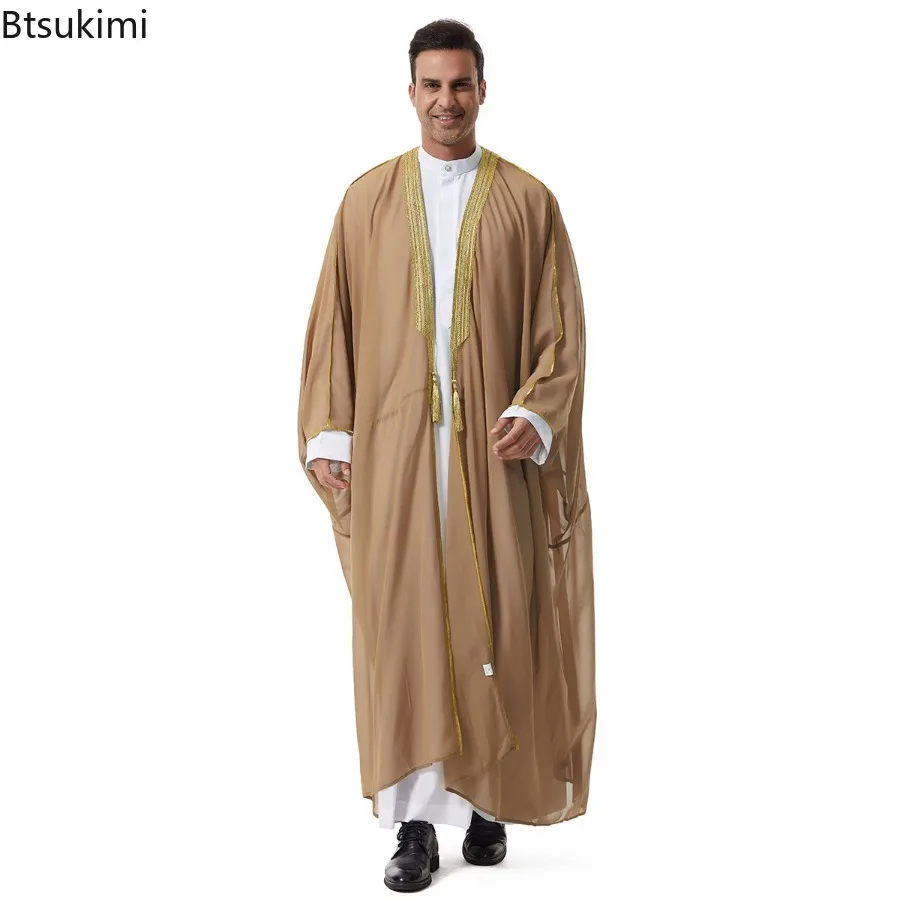 

Новая мужская мусульманская вышитая открытая абайя, джубба, тобе, повседневный кардиган, кимоно, кафтан в турецком и дубайском стиле, арабская исламская одежда, молитвенный кафтан