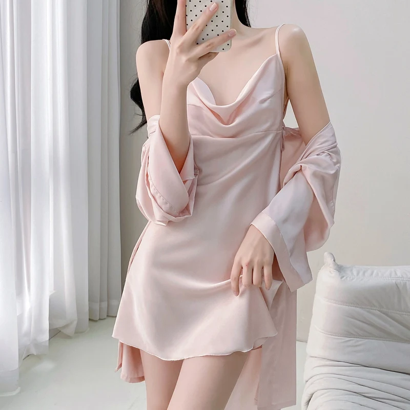 

2025 Summer 2PCS Sexy Lace Lingerie Silk Satin Nightgowns Robes Sets For Women Korean Bathrobes Sleepwear Nightdress Night Dress