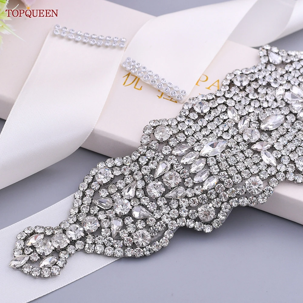 TOPQUEEN S233 Women\'s Belt Bridal with Silver Rhinestones Applique Wedding Dress Gown Sash Decoration Handmade Accessories Shiny