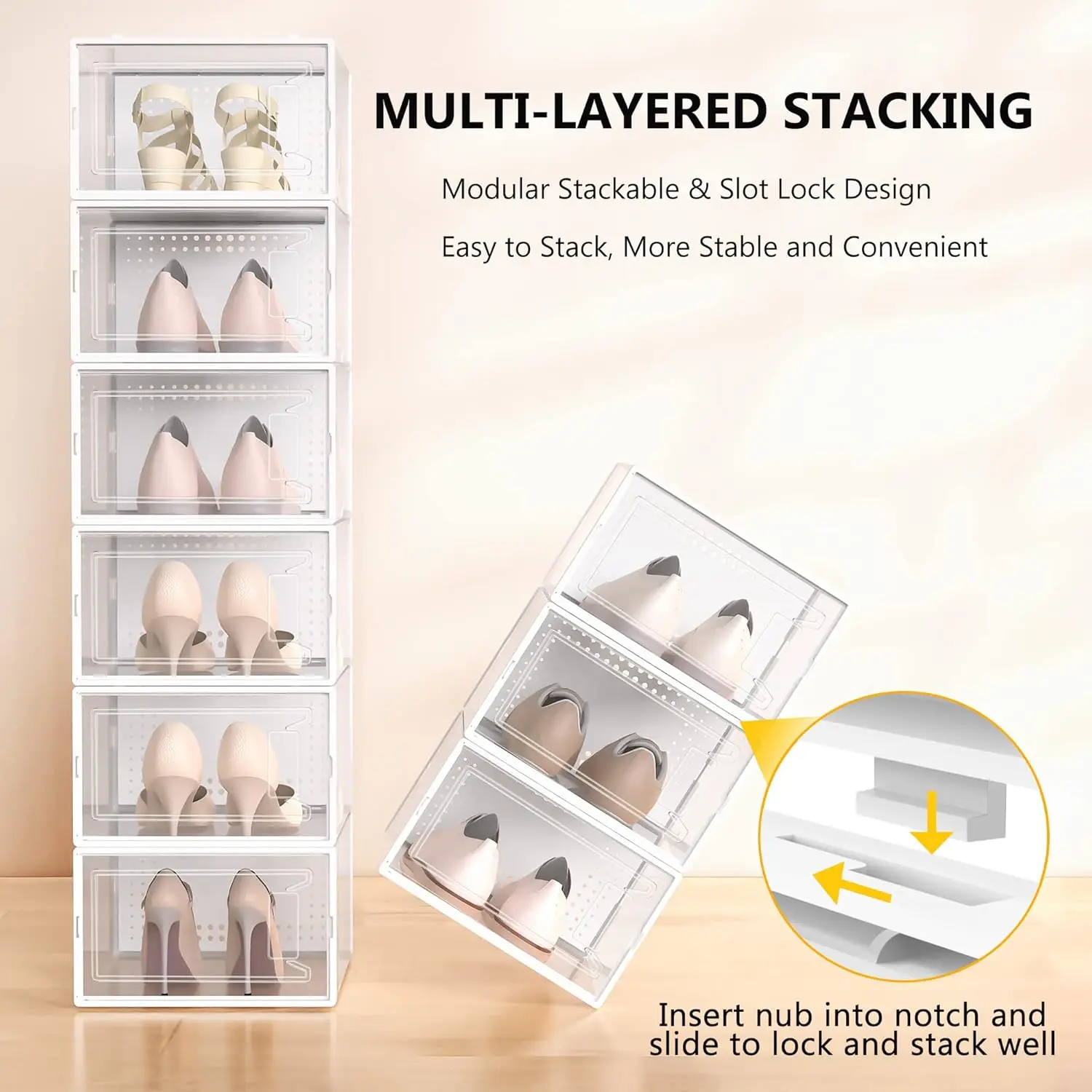 

Large Shoe Storage Organizer for Closet, Modular Space Saving Shoe Boxes Clear Plastic Stackable Containers