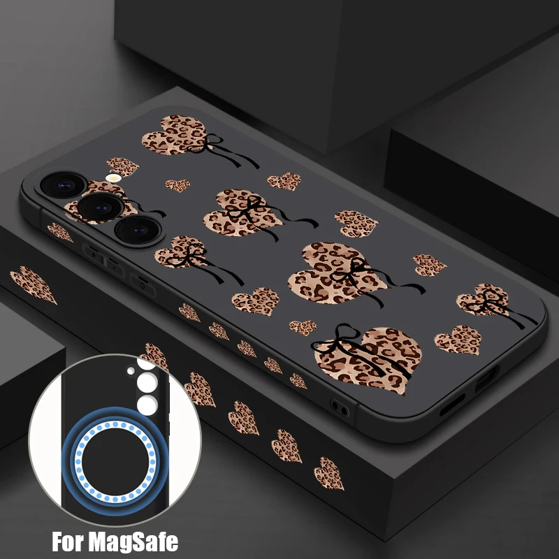 Magnetische für Magsafe Hülle für Samsung Galaxy S25 S24 Ultra S24 S23 FE S23 S22 Plus Leopardenmuster Herz Schleife bedruckte TPU-Abdeckung