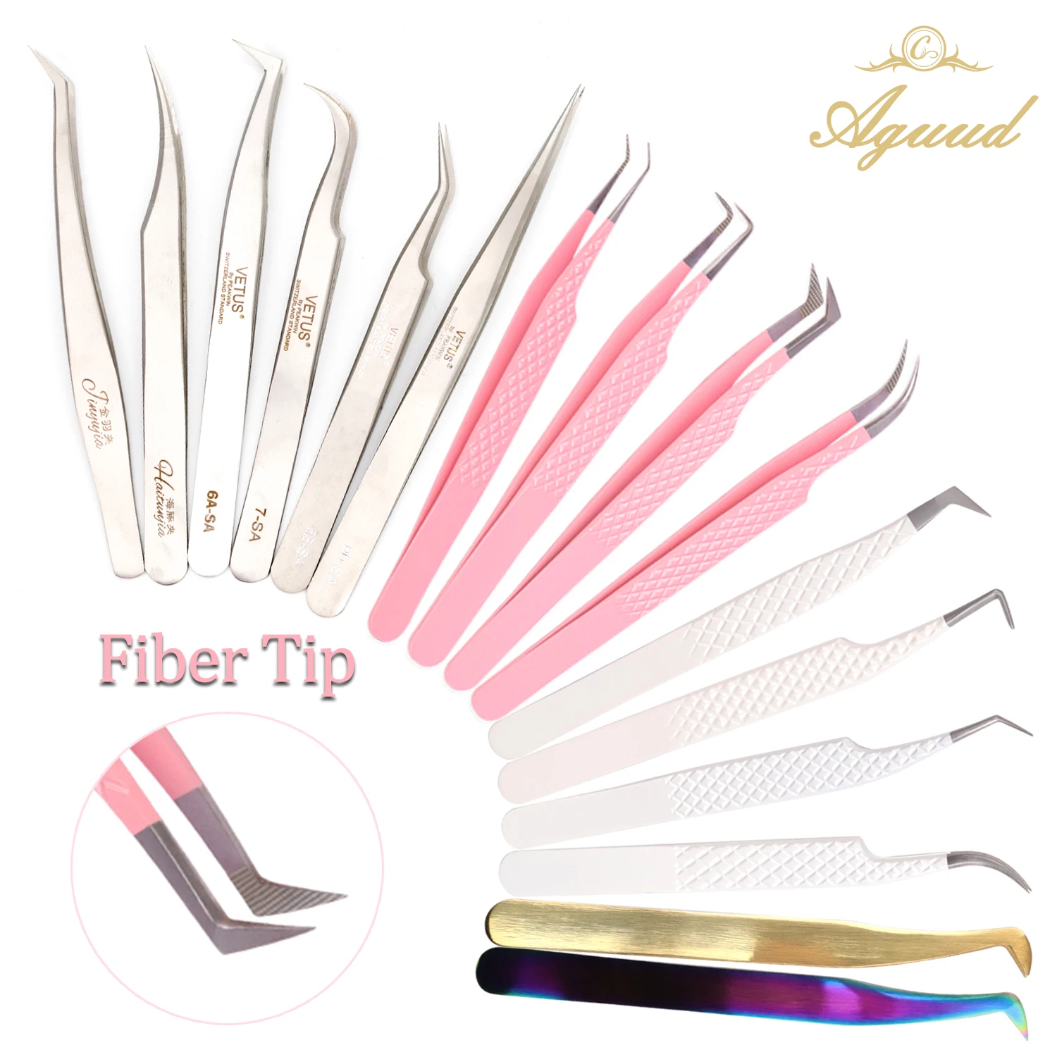 Pinzas con puntas de fibra para extensiones de pestañas postizas, tira curva Individual, pinzas para el pelo para cejas, herramienta de maquillaje para decoración de uñas, logotipo