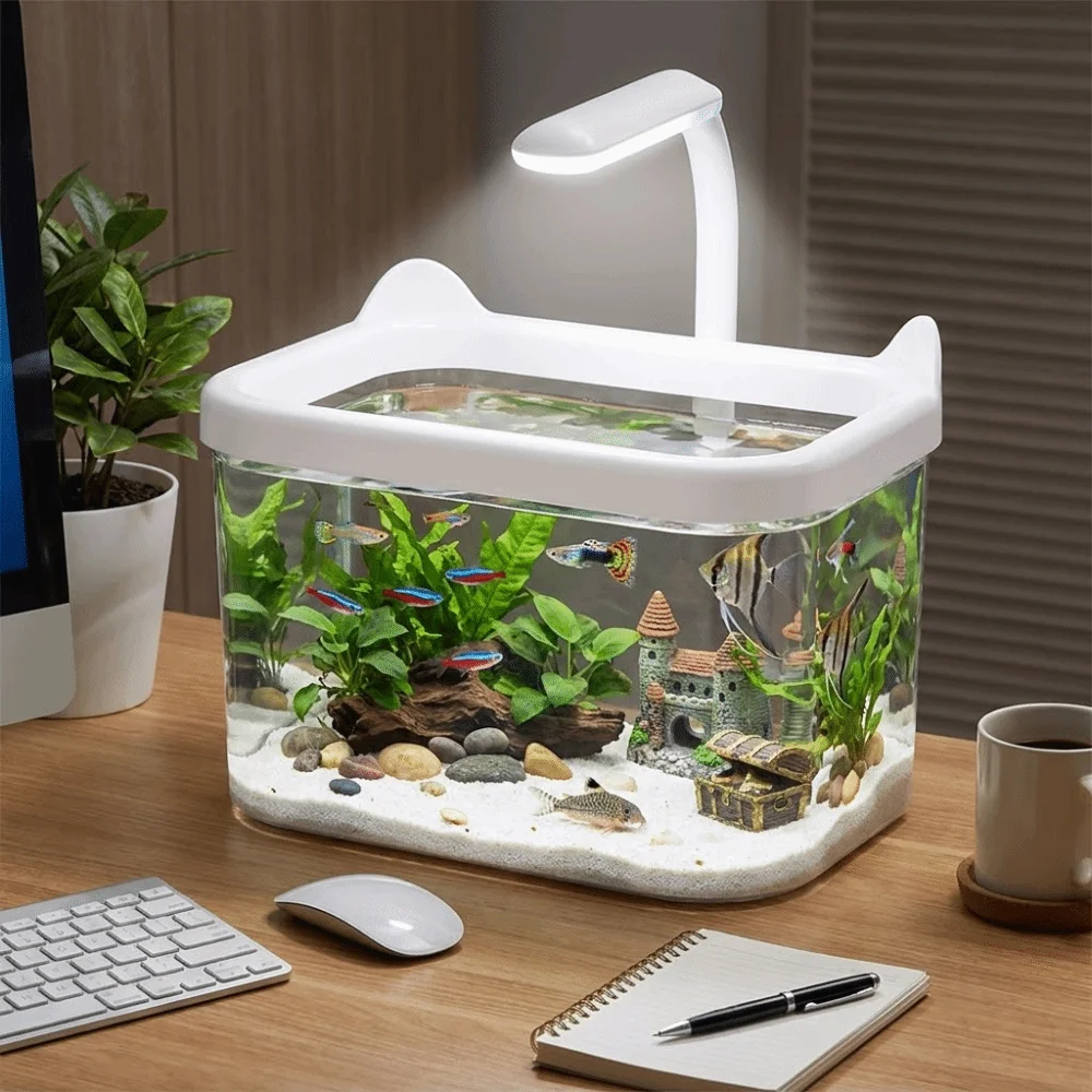 Pecera de Escritorio con Luz LED, Pecera Transparente de Plástico para Peces Betta, Pecera Duradera con Forma de Gato, Decoración de Escritorio