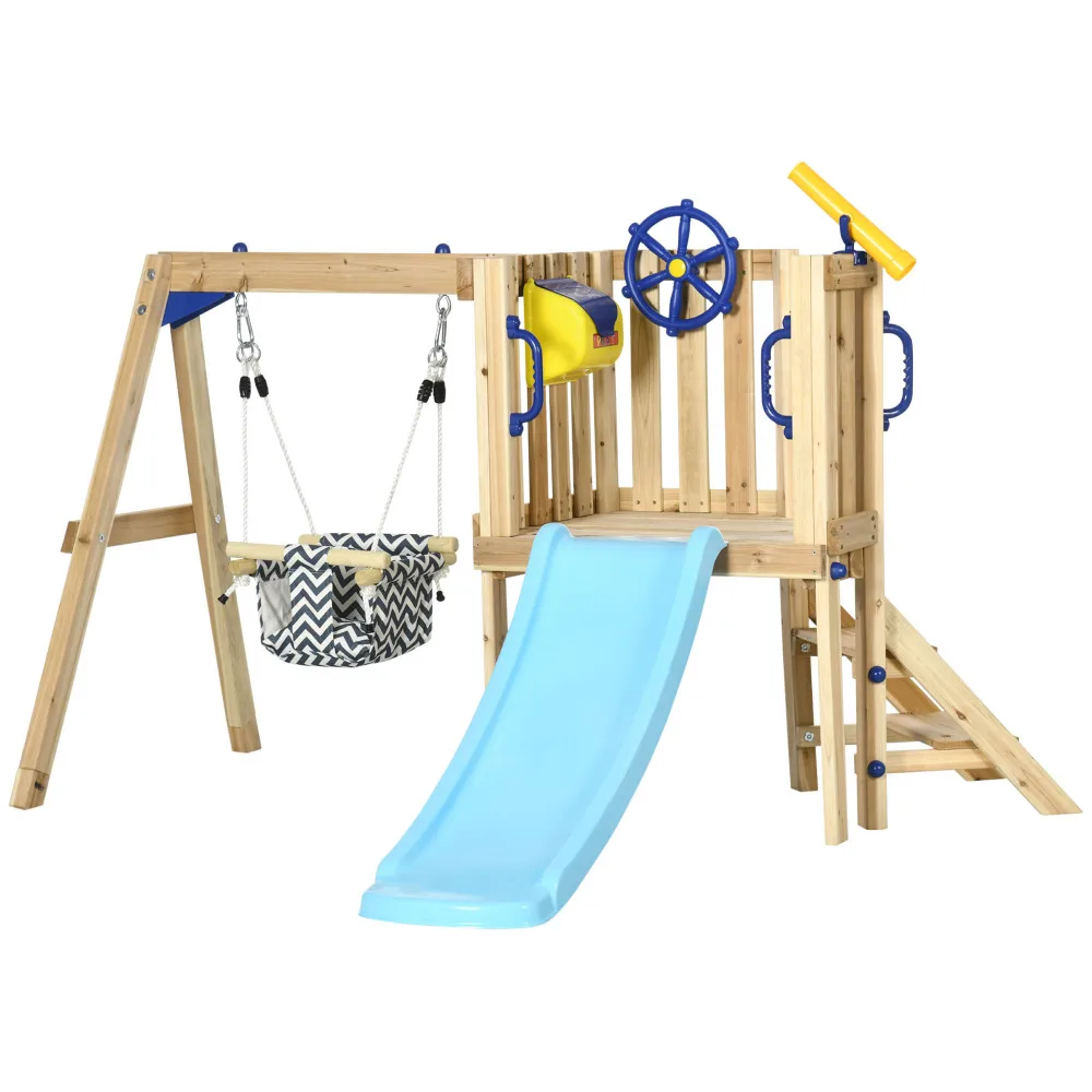3 in 1 木製ブランコセット 屋外プレイセット ベビーブランコシート、幼児用スライド、キャプテンホイール、望遠鏡、子供用裏庭付き