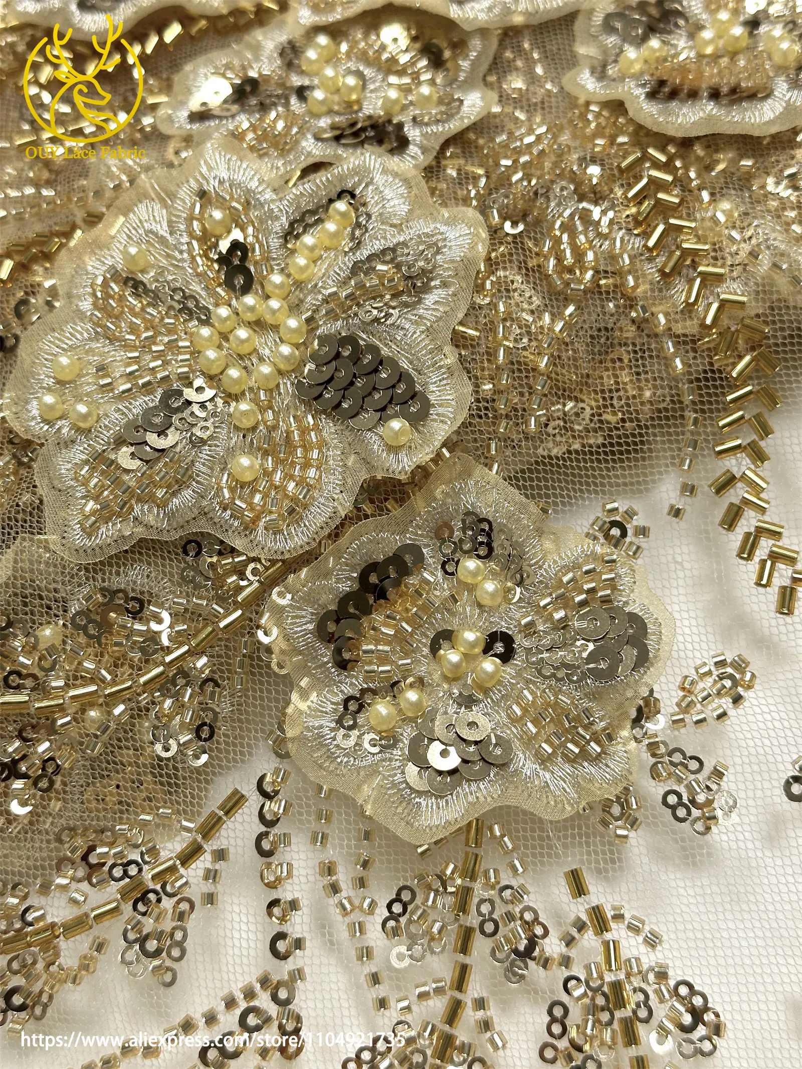 Afrikanischer Perlenstickerei-Spitzenstoff 2026 Hochwertige Französische 3D-Blumen-Pailletten-Stickerei Tüllspitze für Party- und Hochzeitskleider – Detail 26
