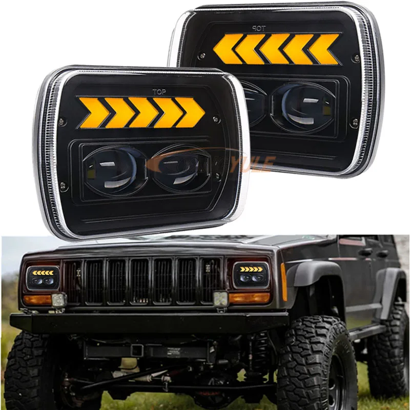 

2PCS 9-30V Led Headlight 5x7 Rectangular White DRL Amber Flow Turn Signal Halo For Jeep -Wrangler YJ Cherokee XJ MJ Chevy