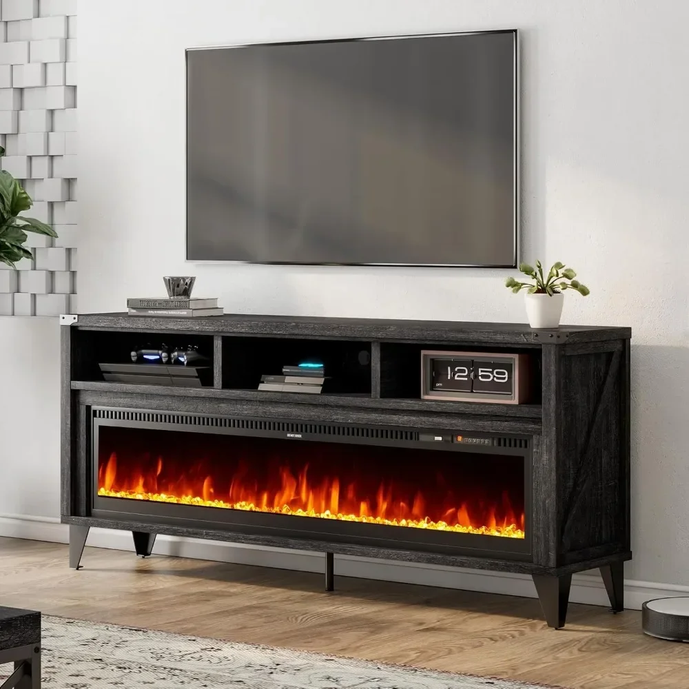 

65“ Fireplace TV Stand, Farmhouse Entertainment Center with 60" Tempered Glass Electric Fireplace, Console TVs up to 75", Black