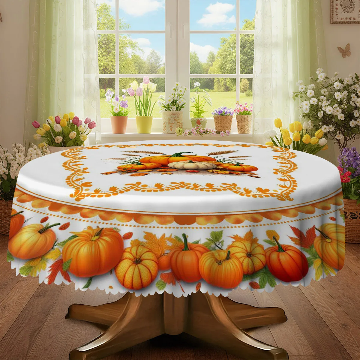 One-piece autumn pumpkin harvest leaf heart-shaped decorative pattern tablecloth, suitable for spring and Easterzyc