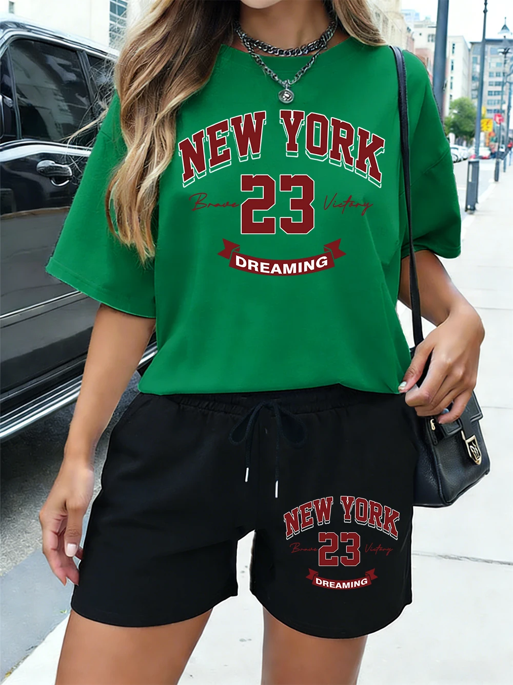 

Новинка: Комплект из 2 предметов для женщин: хлопковые топы и шорты с принтом «Нью-Йорк Дримминг 23», повседневный летний костюм с высокой талией, оверсайз