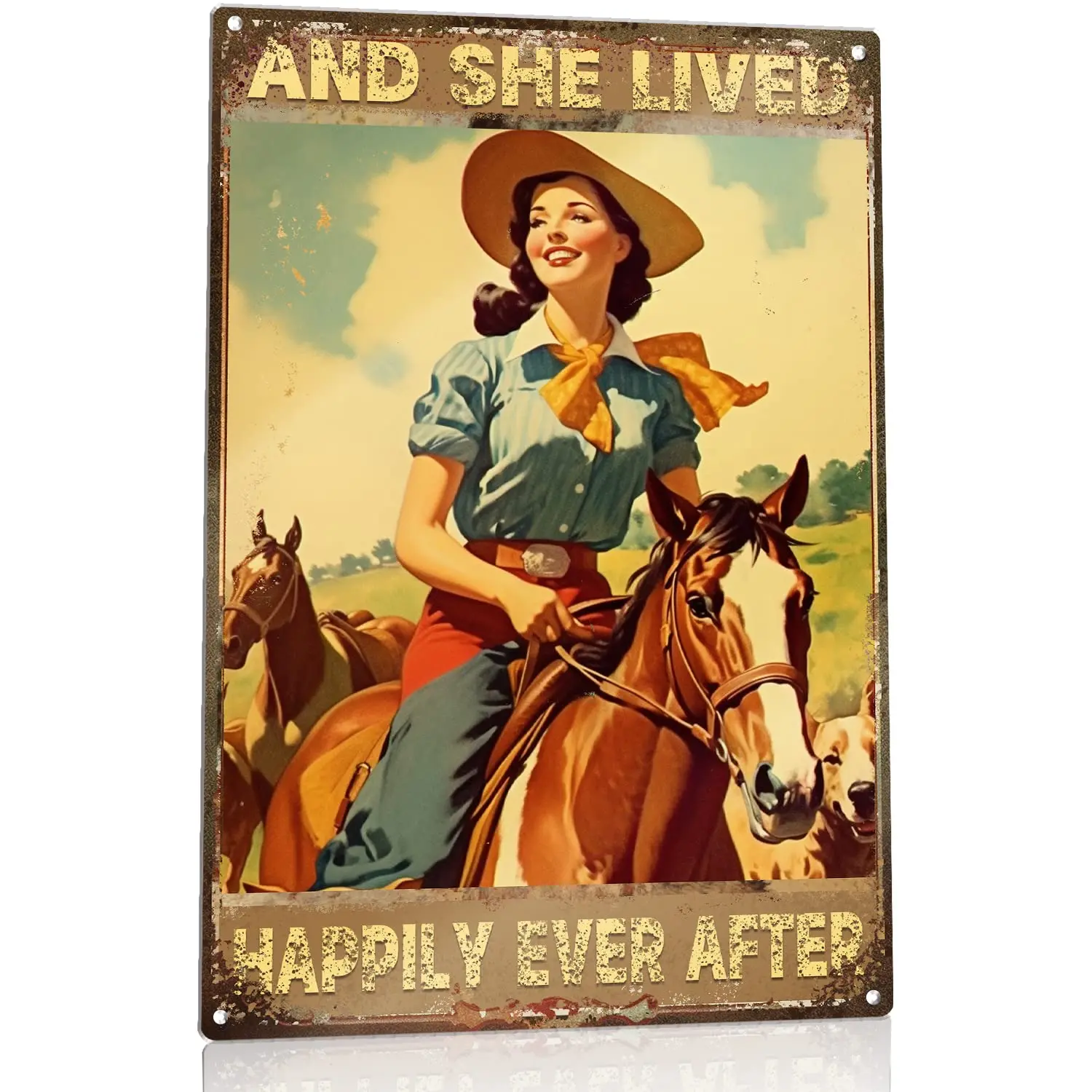 She Lived Happily Ever After Tin Sign Vintage Girl with Horse and Dogs Metal Signs Man Cave Retro Sign Girl Living Room Wall Dec
