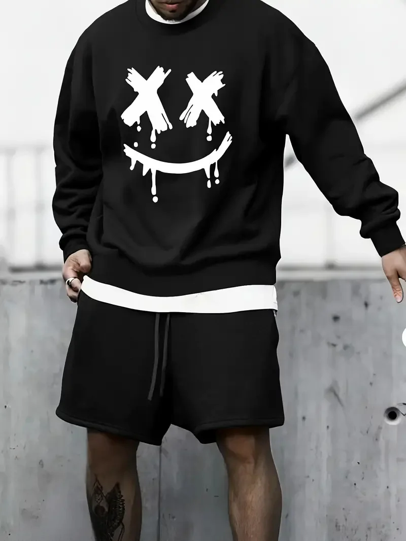 

Summer Men's Trendy Smiley Face Printed Round Neck Sweatshirt With Drawstring Shorts Handsome Sports Two-Piece Set ME1-MA1