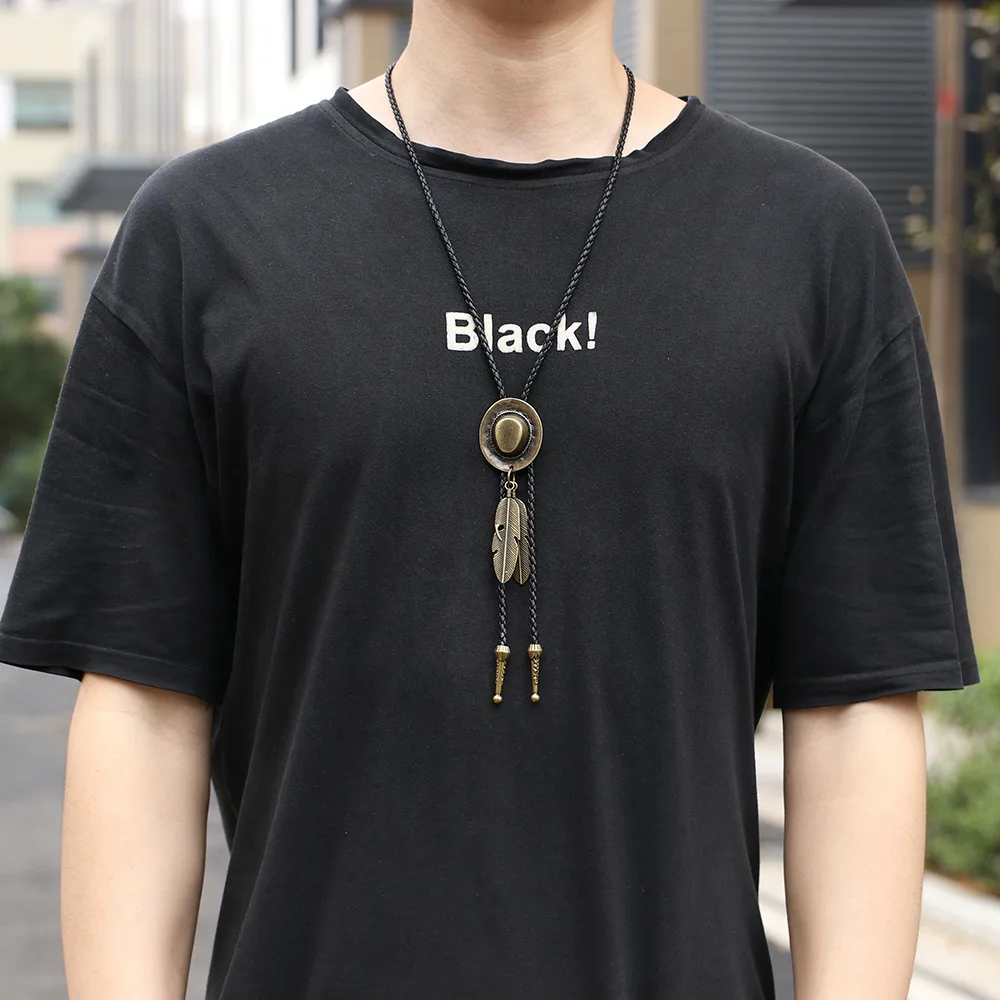 خمر كاوبوي الجاز قبعة سبيكة رجل بولو التعادل الرجال النساء الجلود حبل قلادة طويلة سترة سلسلة قمصان بولو التعادل الرجال الملحقات #3