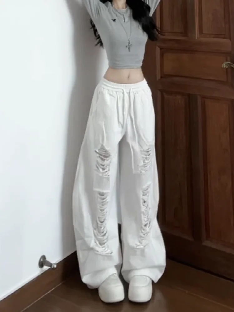 

Retro American White Lace Splicing Hole Denim Pants Women Summer Loose Slim Dstring Straight Leg Wide Leg Long Trousers