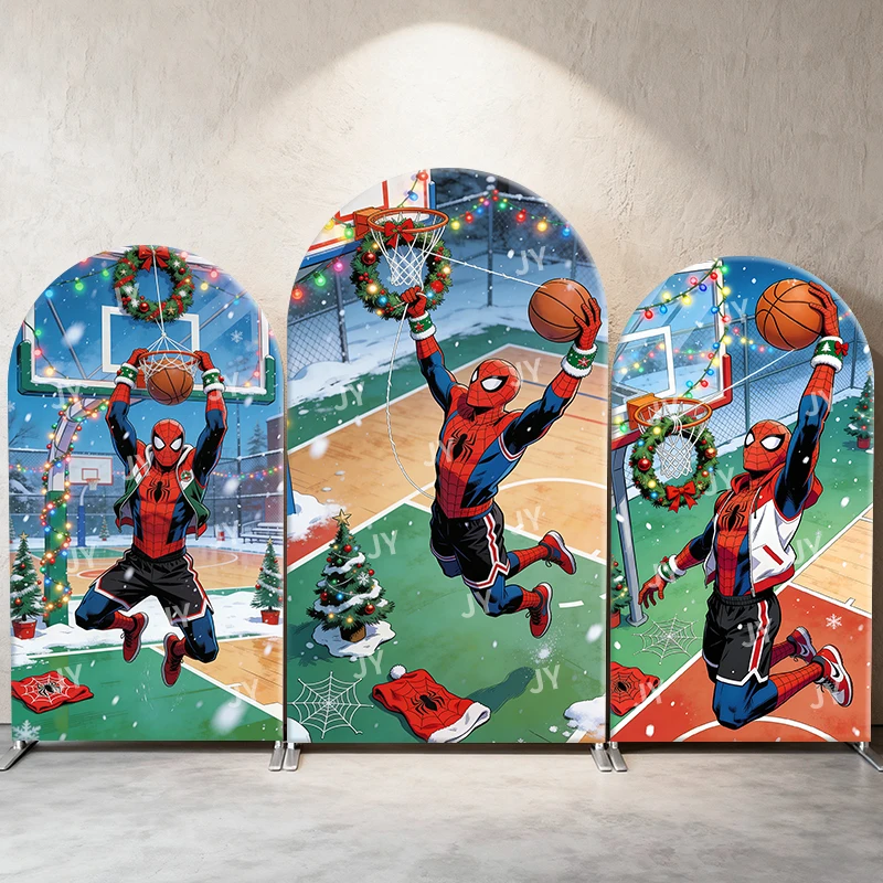 

Spiderman Christmas Basketball Court Arch Backdrop Cover Sporty Winter Scene For Kids Birthday Baby Shower Photo Booth Decor