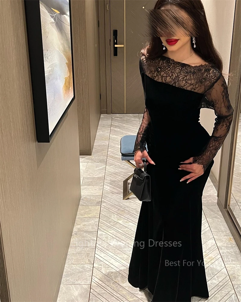 Eightree Black Lace Mermaid Evening Party Dresses Long Sleeve Arabic Dubai Formal Dress Outfits Floor Length Evening Party Gowns