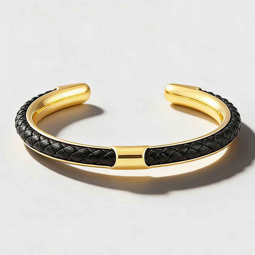 

Handmade Braided Leather Cuff Bracelet for Men Stainless Steel & Genuine Leather Open Bangle Classic Casual Wrist Accessory