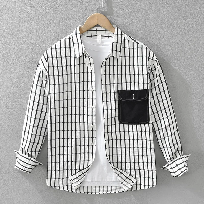 

Японская модная мужская клетчатая рубашка, весенняя повседневная мужская рубашка с длинным рукавом, карманная лоскутная дизайнерская рубашка, молодежный топ, новинка 2026 года