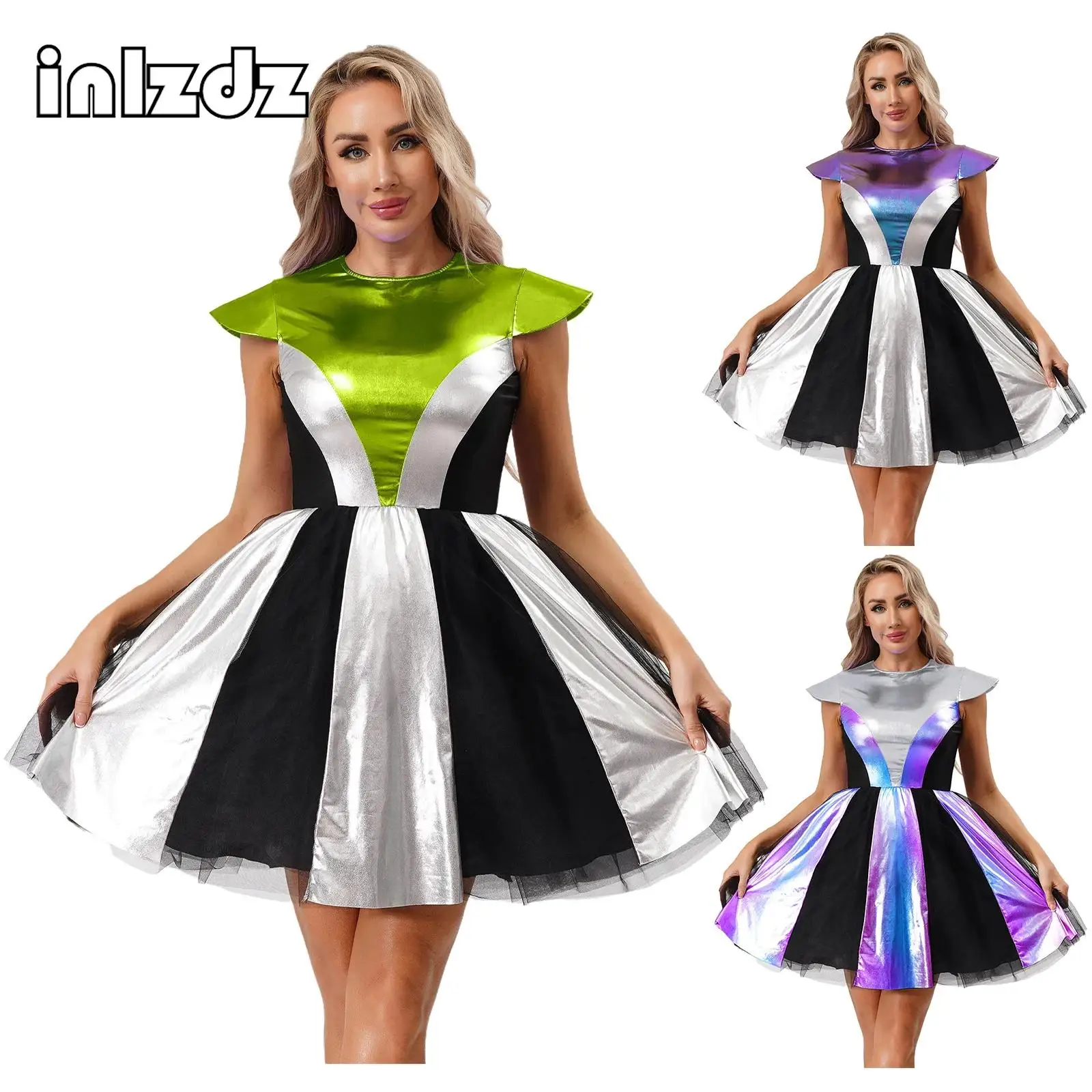 

Womens Halloween Space Alien Costumes Shiny Metallic Short Sleeve Puffy Dress for Rock Jazz Dance Musical Themed Party Dress-up