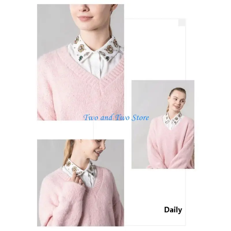 HX6F Detachable False Collar Rhinestones Deccoration Soft Polyester Fabric Comfortable Half Shirt Blouse For Everyday Wear