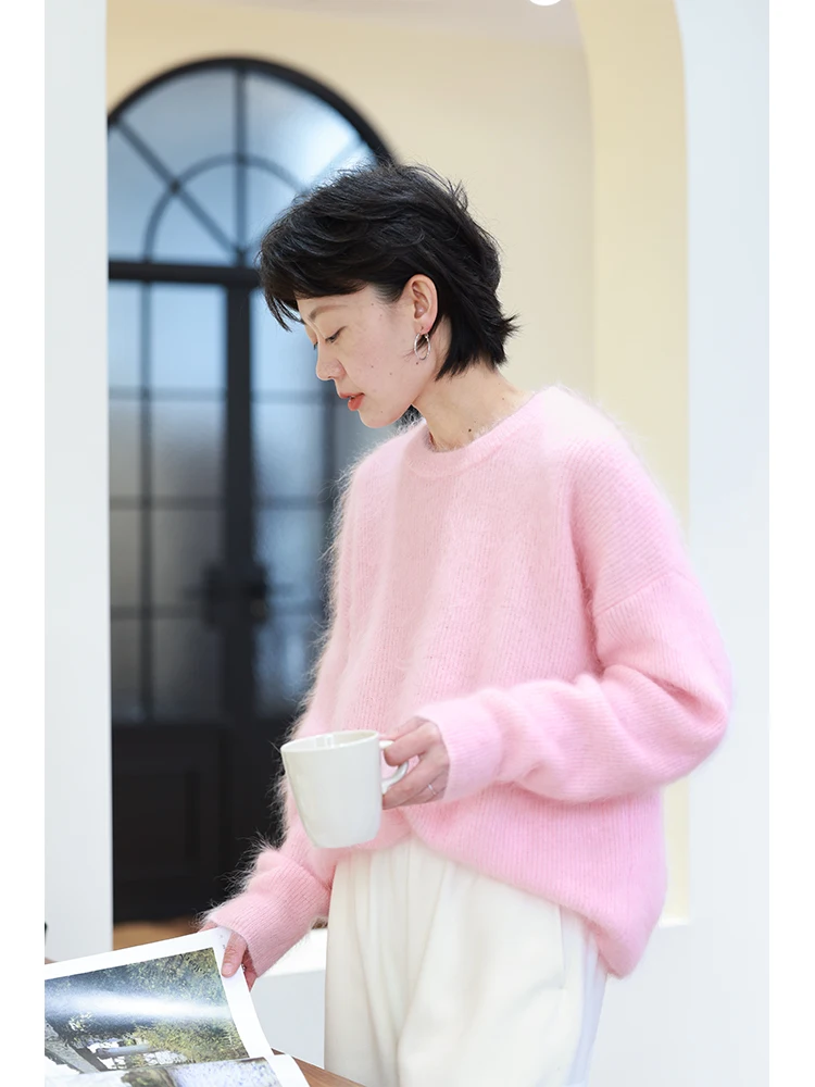 

Женский мягкий розовый шерстяной свитер с круглым вырезом, теплый, уютный, свободного кроя, с длинными рукавами, для зимы