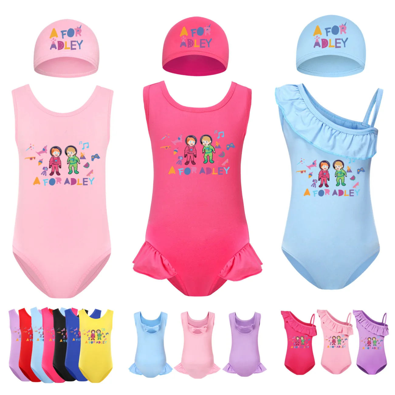 A FOR ADLEY Swimwear Kids One Piece Beach Wear with Cap 2pcs Sets Toddler Girls Swimsuit Children Summer Sleeveless Swimming