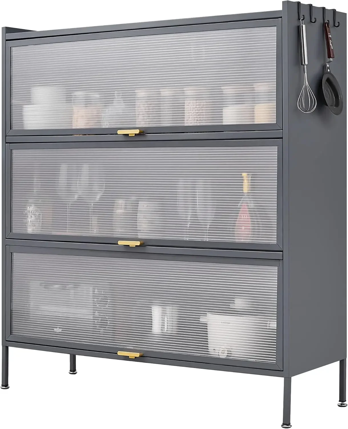 

A Kitchen Bakers Rack 4 Tier Microwave Oven Stand with Flip-up Doors Metal Pantry Storage Cabinet Kitchen Storage Shelf