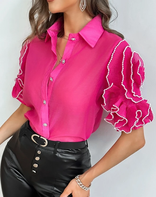 Rose Detail Ribbed Fringe Half Sleeved Top, Hot Selling Fashion Casual Lapel Single Breasted Clear Women's Shirt