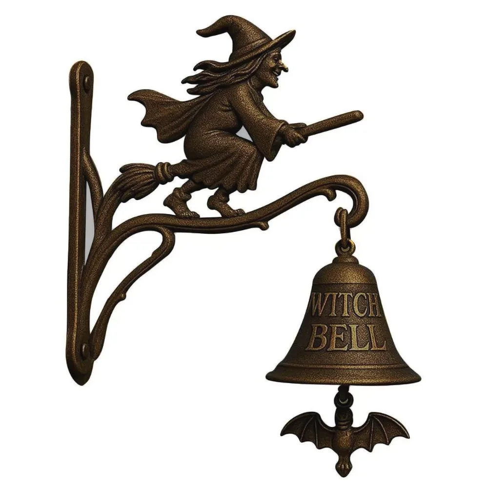Vintage Halloween Witch Doorbell Sounding Wall-mounted Witch Hanging Ornament Alloy Copper-colored Witch Wind Chimes Garden