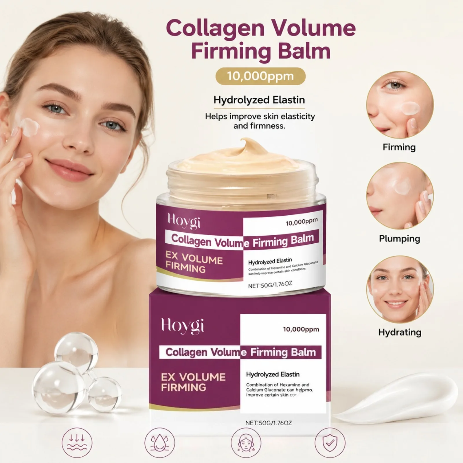 Collagen Volume Plumping Facial Cream for Firming 10000ppm Actives Hydrolyzed Elastin Barrier Repair Daily Moisture Skincare