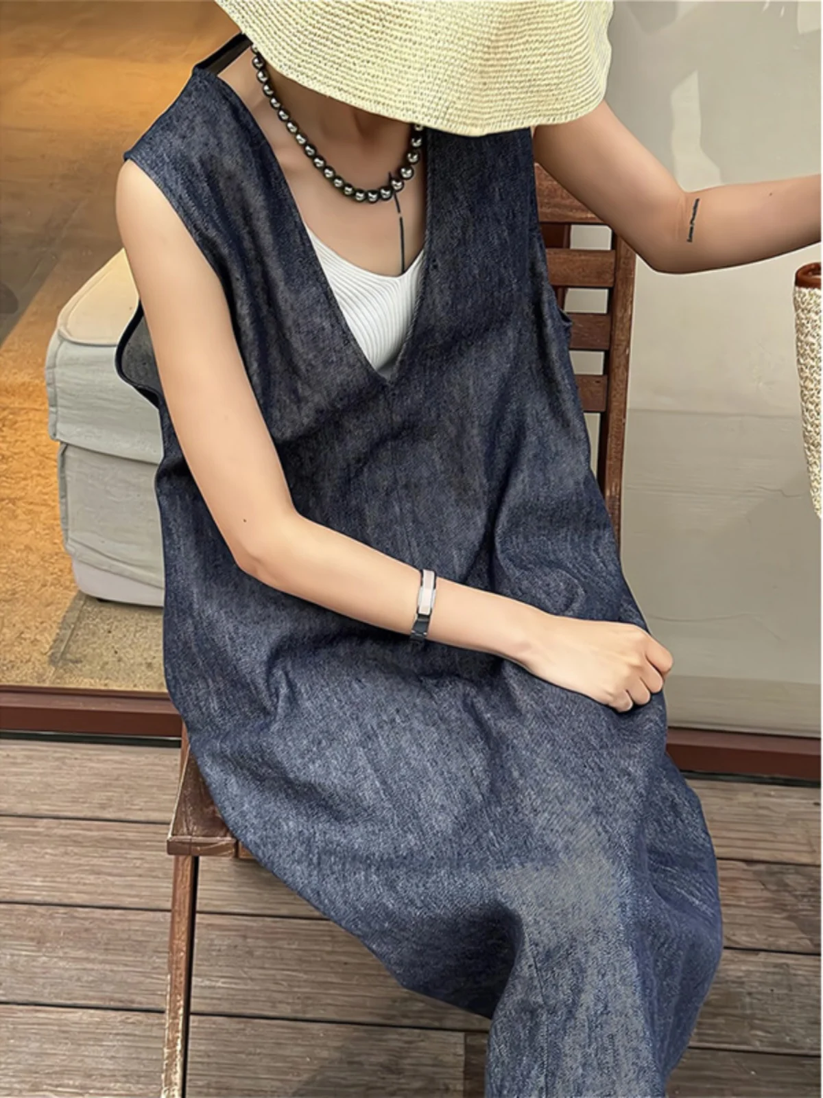Retro Blue Linen Dr Women's Summer Loose Slimming Casual Holiday Sle Svel Vest Long Dr Casual V-ne Dr
