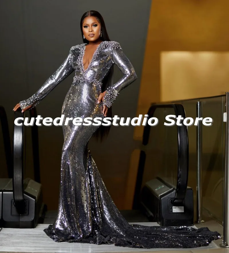 Luxury Silver Party Dresses For Women Long Sleeves Rhinestone Sequin Evening Gowns Customized Aso Ebi Wedding Guest Dress