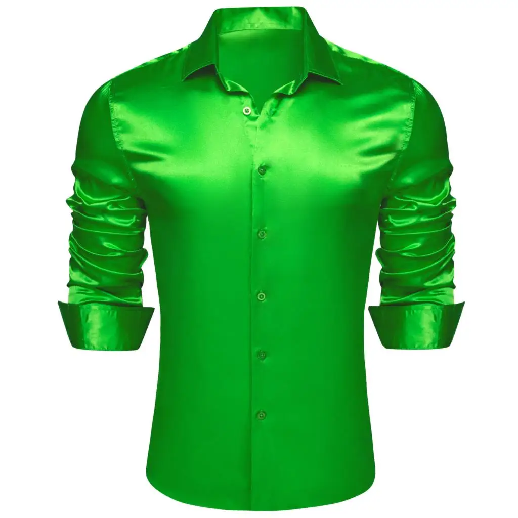 Luxury Men\'s Shirts Long Sleeve Solid Satin Silk Green Business Daily Bloues Regular Slim Fit Turn Down Collar Tops Barry Wang