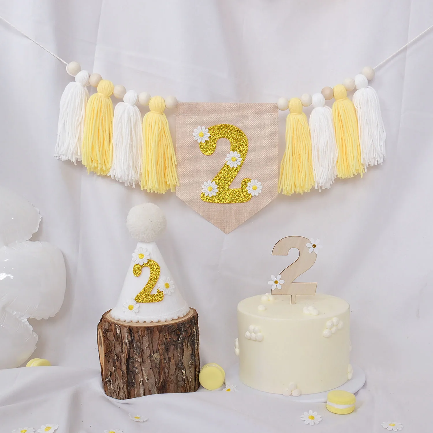 Frühlings-Gänseblümchen-Thema 2. Geburtstags-Banner, Hochstuhl-Banner mit Quastenkranz, 2. Geburtstags-Tüllhut, Kuchendekoration – Detail 3