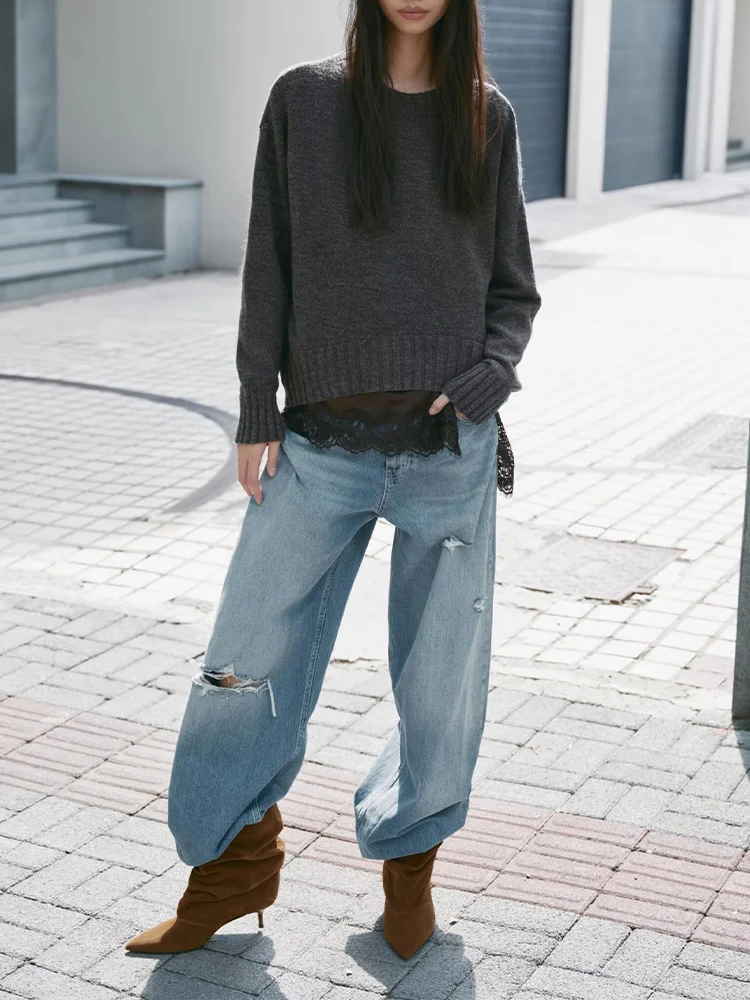 

Новый женский модный универсальный темпераментный однотонный свитер в рубчик с круглым вырезом и длинными рукавами в европейском стиле