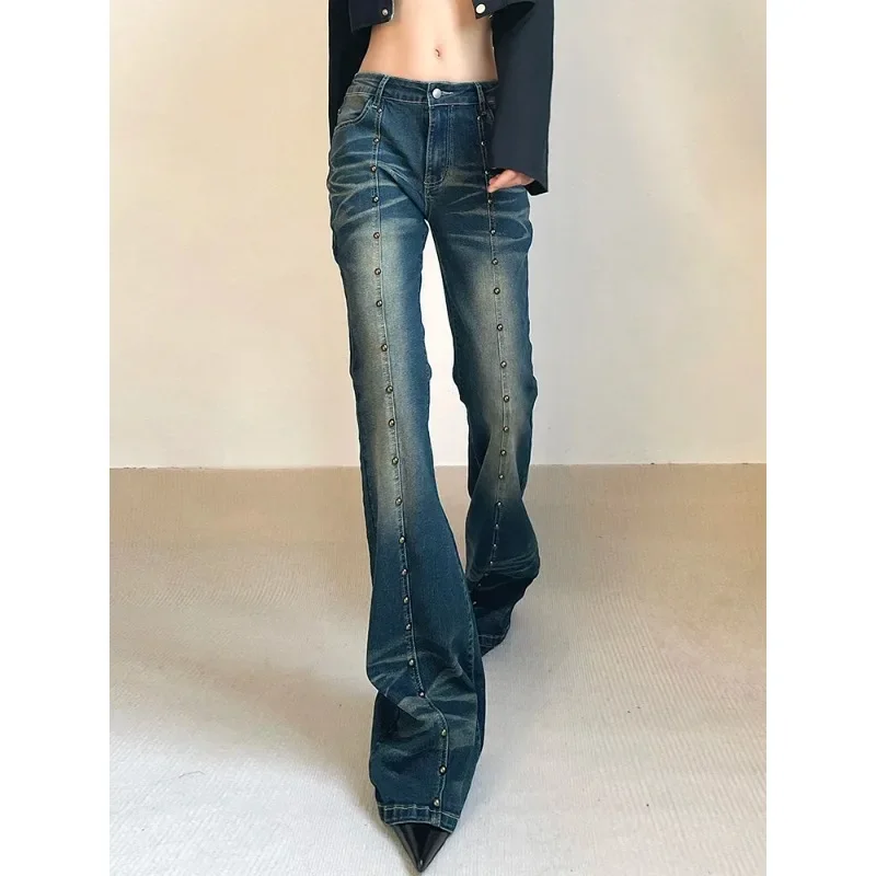 Rockmore Vintage Low Waist Flare Jeans Women Y2K Chic Rivet Slim Pencil Jean Pants Streetwear Fashion Retro Denim Trouser Korean